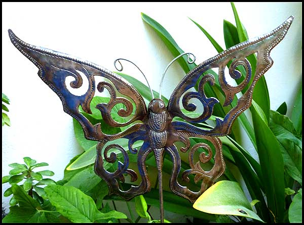 Butterfly Plant Stake - Garden Plant Sticks - Haitian Steel Drum Metal Art Garden Decor - 12" x 14"