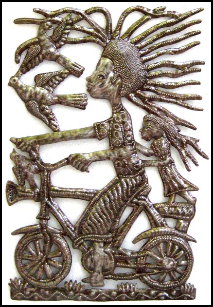 Handcrafted Metal Wall Art of Haiti - Bicycling Mama - Metal Wall Hanging - 11" x 17"