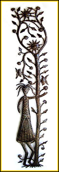 Sun Metal Art, Sun Shine in the Tree - Haitian Metal Wall Decor - 6" x 24"