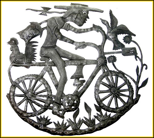 Haitian Art, Bicycling Man, Steel Drum Metal Art Wall Hanging - 24' X 24"