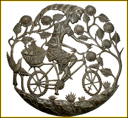 Metal Wall Art, Steel Drum Art, Bicycling Woman, Haitian Metal Art Wall Decor - 24' X 24"