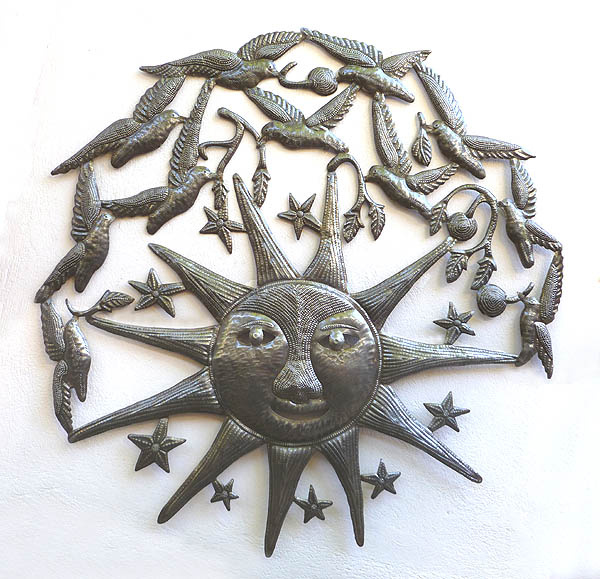 Haitian Metal Art Wall Decor. Recycled Steel Drum Art, Sun with Birds Wall Hanging - 34"