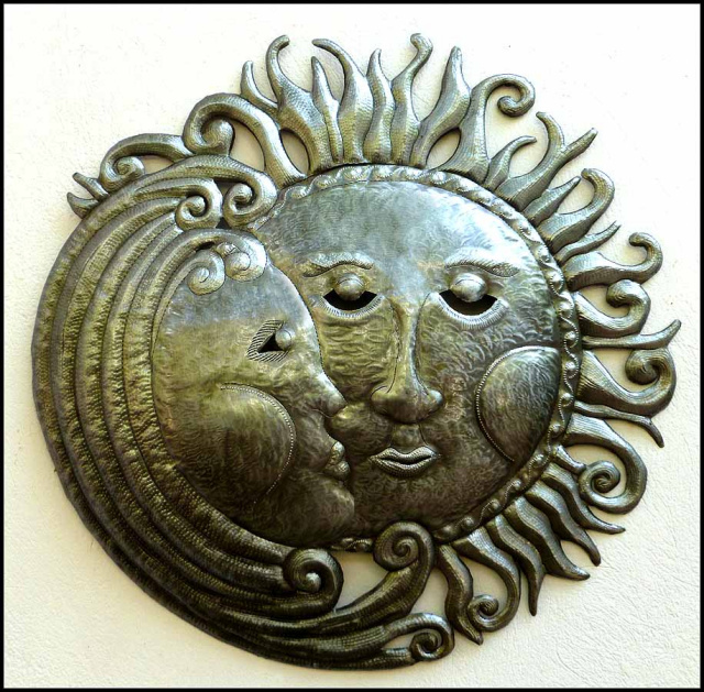 Sun and Moon Metal Wall Hanging - Haitian Recycled Steel Drum Art - 24"