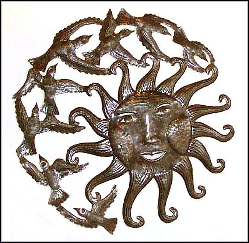 Sun - Birds Metal Wall Hanging - Handcrafted Haitian Steel Drum Art - 24"