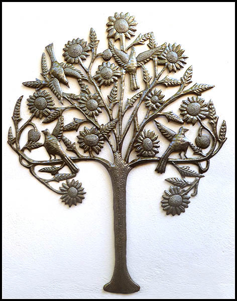 Haitian Metal Art, Tree with Sunflowers,Outdoor Wall Art,Metal Art Wall Decor, Haitian Steel Drum - 