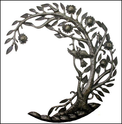 Haitian Metal Wall Hanging - Bird - Tree - Haitian Metal Art - Haitian Steel Drum Art - 24"