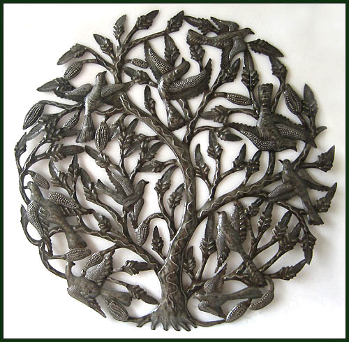 Tree of Life with birds. Haitian metal art wall hanging.