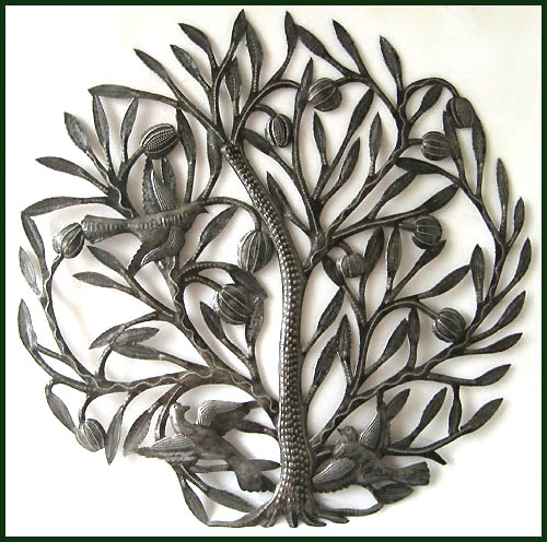 Birds in Fruit Tree Wall Hanging - Haitian Metal Steel Drum Art -  24"