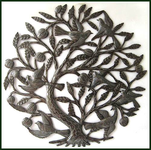 Birds- Tree - Haitian Metal Art Wall Decor - Recycled Steel Drum Art - 24"