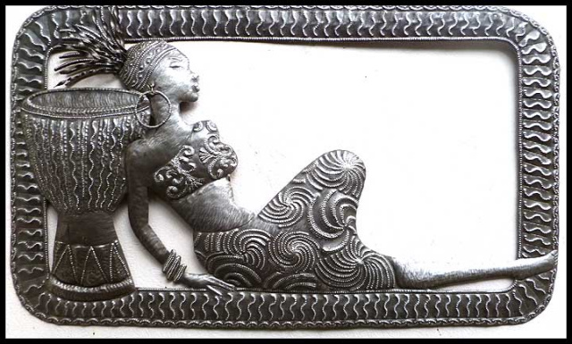  African Woman Metal Art Wall Hanging - Haitian Steel Drum Ethnic Design - 20 x 34"