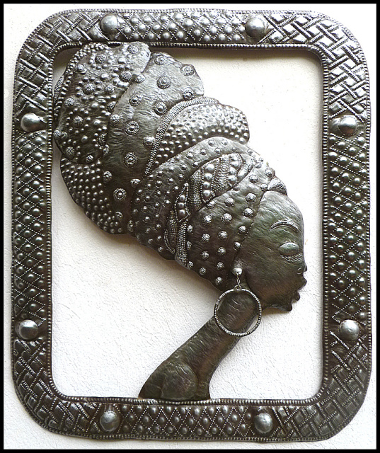 Metal African Woman Wall Hanging, Haitian Metal Art, Recycled Steel Drum Art - 20" x 24"